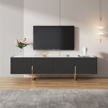 WEHOMZ 86.6'' Media Console TV Stand with Faux Marble Top & Storage - Beige & Black